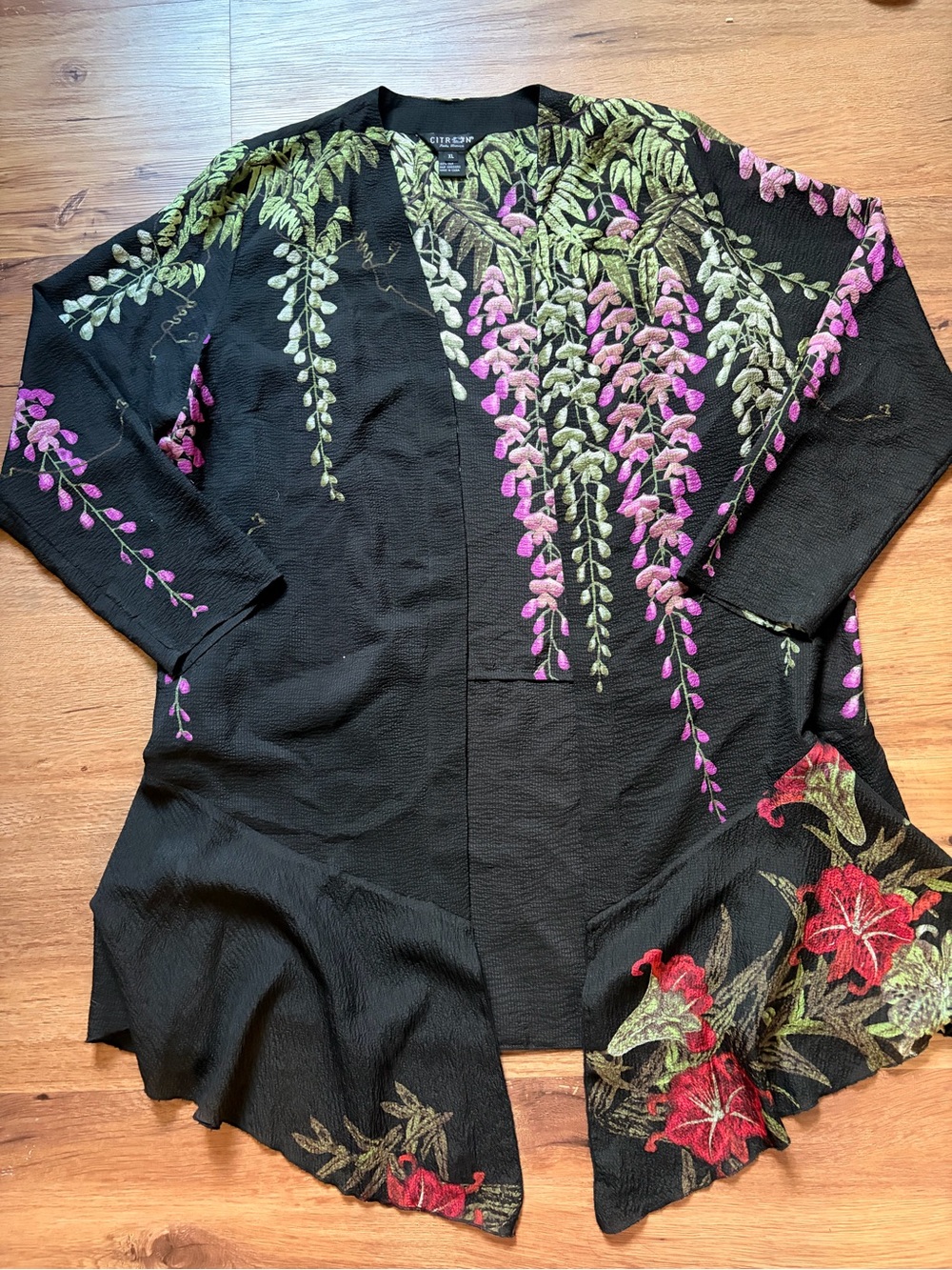 Citron Black Open Cardigan with Pink & Green Floral Embroidery